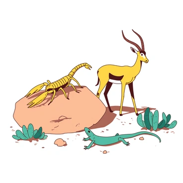 A yellow scorpion is positioned on a large sunbaked rock, its pincers raised. Next to the scorpion, a teal lizard is basking in the sun, its body glistening with the sunlight reflecting off its scales. In the background, a graceful yellow gazelle stands alert, its slender legs poised, with its head raised and ears perked, scanning the horizon. The sandy ground surrounding them is dotted with small teal cacti, completing the scene of these desert animals interacting in their natural habitat.