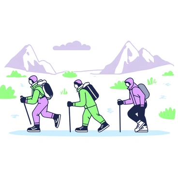 A group of adventurers are treking across a vast frozen tundra. They are clad in insulated gear, with hoods and gloves for protection against the cold. The first adventurer is leading the group, holding a trekking pole, while the others follow behind, carefully placing their feet on the snowy ground. The sky above them is covered in soft gray clouds, casting a muted light over the landscape. In the distance, there are icy peaks jutting up from the tundra, and patches of frost-covered grass can be seen among the snow. The footprints of the adventurers trail behind them in the white snow.
