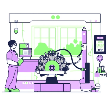 A car engine is mounted on a dynamometer in a specialized dyno room. The engine is connected by various cables to the dynamometer, which displays real-time performance data. The room features soundproof walls and specialized equipment lining the shelves, including tools and gauges. Bright lights illuminate the engine while shadows dance along the floor. In the background, there are large windows that provide a view of an outdoor area. A technician stands to the side, observing the readings on a monitor, wearing safety goggles and gloves.