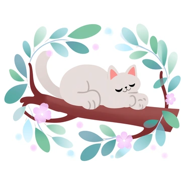 A ragdoll cat with soft, fluffy fur is resting comfortably on a sturdy tree branch. The branch is surrounded by vibrant green leaves, gently swaying in the summer breeze. Sunlight filters through the foliage, casting dappled shadows on the cat. The scene is serene, with the cat nestled against the bark, showcasing its relaxed posture. A few delicate blossoms can be seen nearby, adding a touch of color to the environment.