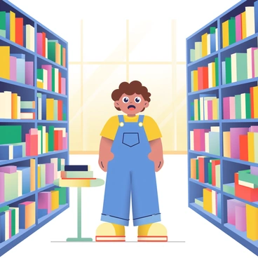A child with curly brown hair is standing in the center of a library, surrounded by tall shelves filled with a vast collection of colorful books. The child is wearing a bright yellow t-shirt and denim overalls, and their eyes are wide with excitement as they gaze at the books. Several books are stacked on a nearby table, and a soft, warm light is streaming in through large windows, illuminating the dust particles floating in the air. The scene captures the essence of curiosity and discovery in a cozy library atmosphere.