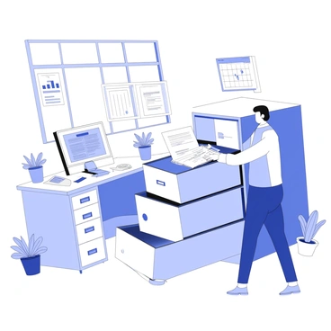 An office worker is standing beside a sturdy filing cabinet. The worker is holding a completed "inforce illustration request" form, neatly stacked with other documents. The filing cabinet is metallic with multiple drawers, each labeled for different categories of paperwork. The office environment features a desk cluttered with stationery, a computer monitor displaying charts, and a calendar on the wall. The worker, dressed in formal attire, is reaching out to insert the form into one of the open drawers of the cabinet. The background includes a few potted plants and a window allowing soft light to enter the room.