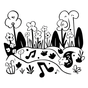 A garden filled with various flowers, each flower shaped like a different musical note. Some flowers are positioned in clusters, while others stand alone, resembling a natural symphony. The ground is covered in lush grass, with subtle undulations creating a rhythmic pattern. In the background, tall trees provide a sense of depth, their branches swaying gently as if to a tune. Scattered among the flowers are whimsical elements such as a treble clef and bass clef arranged artistically on the ground. The scene conveys a harmonious blend of nature and music, with the arrangement of the flowers suggesting a mixture of both sad and happy melodies.