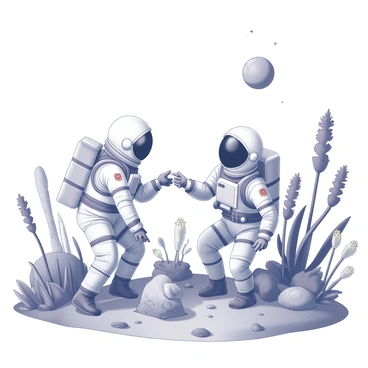 Two astronauts wearing reflective space suits are exploring a vibrant and alien landscape. They are surrounded by various unusual plants, some with tall, spiky structures and others with broad, round leaves. Strange creatures with unique shapes and textures are scattered throughout the scene, some perched on the plants while others move about on the ground. The sky above features a large, unusual celestial body, adding to the otherworldly atmosphere of the landscape. The astronauts are interacting with the environment, one pointing at a peculiar plant while the other kneels to examine a small creature. The ground is uneven, with rocks and patches of soil visible among the alien flora.