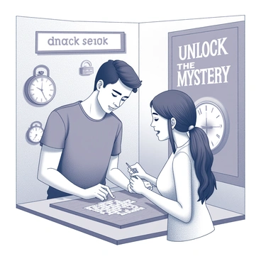 A couple is engaged in a fun activity at an escape room. The man has short hair and wears a casual t-shirt, while the woman has long hair tied back and is dressed in a comfortable outfit. They are standing side by side, closely examining a complex puzzle placed on a table in front of them. The room is filled with various quirky decorations, including vintage clocks and mysterious locks. The woman points excitedly at a clue, while the man holds a notepad and pencil, jotting down their thoughts. A large wall features a prominent "Unlock the Mystery" sign, adding to the adventurous atmosphere of their date.