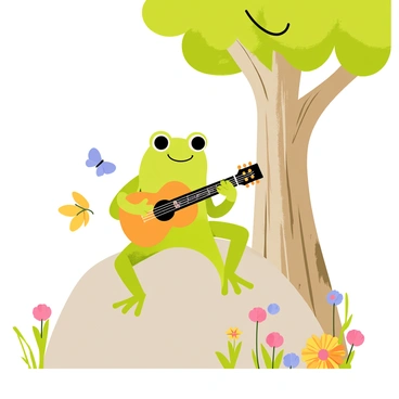 A cute green frog with big eyes is sitting on a flat rock, holding an acoustic guitar. The frog has a cheerful expression as it strums the guitar, creating a lively scene. Nearby, a large tree with thick, leafy branches provides shade. Sunlight filters through the leaves, casting dappled shadows on the ground. Small colorful flowers are blooming around the rock, adding to the vibrant atmosphere. A few butterflies flutter nearby, drawn to the music.