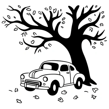 A vintage car parked under a large oak tree with an intricate trunk and sprawling branches. The ground is covered with scattered autumn leaves in various shapes and sizes. The car features rounded edges and classic details, standing out against the backdrop of the tree. Sunlight filters through the branches, creating a dappled pattern on the ground around the car.
