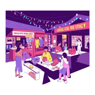A vibrant night market scene illuminated by strings of colorful lights. Various exhibits are set up, showcasing "local culture" and "history." A booth displays traditional garments in rich colors, while another features handcrafted pottery arranged neatly on a table. Visitors, including a group of friends, are interacting with a vendor who is demonstrating local crafts. Stalls are adorned with decorative banners featuring "local art" and "historical artifacts." The atmosphere is lively, with vendors calling out and the smell of street food wafting through the air.