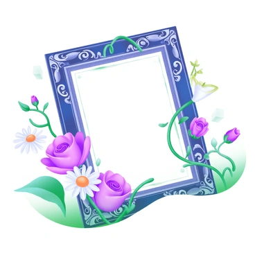 A decorative picture frame is filled with intricate floral and vine details. The frame features swirling designs and ornate patterns that enhance its elegance. Surrounding the frame are various flowers in full bloom, including roses and daisies, intertwined with delicate vines. The overall composition emphasizes the craftsmanship of the engraving, showcasing the artistry of the floral motifs and the intricate design work.