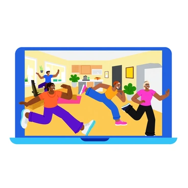 A bright screen shows a virtual fitness class with multiple participants engaged in flutter kicks. Each person is in their own home setting, showcasing different living environments such as a cozy living room, a modern kitchen, and a sunlit home gym. The individuals vary in age and physique, each donning colorful athletic wear. Some participants are smiling and encouraging each other, while others are focused on their movements. The background of each room includes personal touches like plants, paintings, and workout equipment, creating a lively atmosphere.
