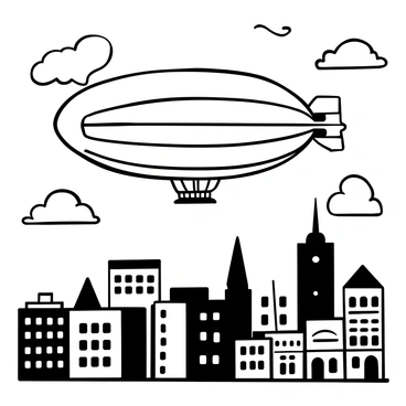 A "majestic zeppelin airship" floating in the sky, surrounded by fluffy clouds. Below, a detailed "cityscape" features tall buildings with windows reflecting the airship above. The architecture displays a mix of styles, including modern skyscrapers and classic structures, creating a diverse skyline. The zeppelin has a sleek design with a prominent gondola and propellers on either side.