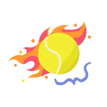 A tennis ball with a bright yellow surface is engulfed in fiery flames, creating a vivid contrast. The flames are orange and red, flickering and dancing around the ball. The tennis ball is shown in mid-flight, with a trail of smoke trailing behind it. The background features a clear blue sky, highlighting the intense motion and energy of the scene.