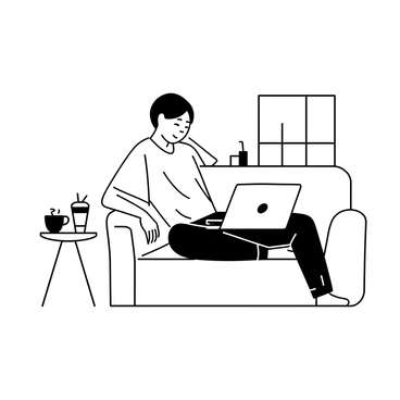 A relaxed individual is sitting on a comfortable couch, focused on a laptop placed on their lap. The person has a laid-back posture, with one arm resting casually on the back of the couch. They are wearing casual clothing, such as a loose-fitting t-shirt and sweatpants. A coffee cup is placed on a small table beside the couch. The room is furnished with a few decorative items, and there is a window in the background allowing light to enter.
