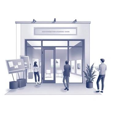 An entrance to an art gallery, featuring large glass doors that are partially open. The exterior is adorned with contemporary architectural elements. A prominent "New Exhibition Coming Soon" banner hangs above the entrance, clearly visible to passersby. Flanking the entrance are tall, sleek displays showcasing artwork, and there are potted plants that add greenery to the scene. Visitors can be seen approaching, one holding a brochure, while another admires the artwork on display nearby.