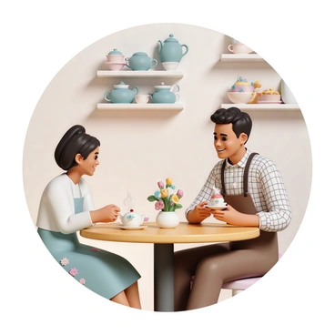 Two friends are sitting at a round wooden table in a quaint tea shop that features vintage decor. One friend, a woman wearing a light blue dress with floral patterns and a white cardigan, is pouring steaming tea from a delicate porcelain teapot into a matching cup. The other friend, a man dressed in a checked shirt and brown suspenders, is smiling as he holds a cupcake topped with colorful frosting. The walls of the tea shop are adorned with shelves filled with various teacups and teapots, while soft, warm light illuminates the space, creating a cozy atmosphere. A small vase of fresh flowers sits on the table, adding a touch of color to the scene.