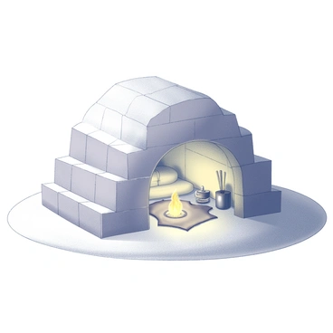 An igloo made of neatly packed snow blocks, with a rounded roof and a small entrance. Inside, the space is illuminated by a warm glow, creating a cozy atmosphere. The interior features a layer of fur blankets laid on the snowy ground, and a small, flickering fire creates a source of light. There are native artifacts and tools arranged around the interior, adding to the sense of comfort. Outside, the Arctic landscape is vast, with a smooth expanse of snow and a clear sky that hints at the chill of the environment.