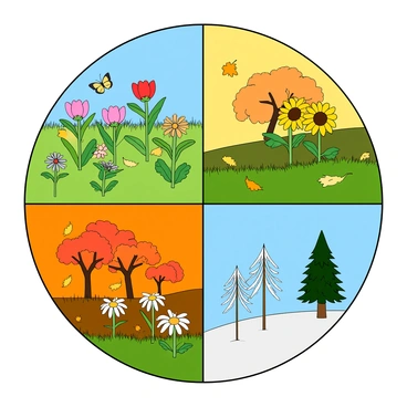 A vibrant illustration depicting the cycle of nature's beauty throughout the months. The scene is divided into four sections, each representing a different season. In the spring section, colorful flowers such as tulips and daisies are blooming, surrounded by bright green grass. The summer section features lush greenery with sunflowers and butterflies fluttering about. In the autumn section, trees are adorned with leaves in shades of orange, red, and yellow, with some leaves gently falling to the ground. The winter section shows a serene landscape with bare trees covered in a light dusting of snow, while a few pine trees stand tall in the background. Each section blends seamlessly into the next, capturing the essence of the changing seasons.