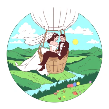 A bride in a flowing white wedding dress and a groom in a classic black tuxedo are seated in a hot air balloon basket. The bride's veil gently flutters in the breeze as they smile at each other. Below them, a scenic landscape stretches out, featuring rolling green hills and a river winding through the valley. The sky is filled with fluffy white clouds, while the sun casts a warm glow over the entire scene. Colorful patches of wildflowers can be seen dotting the fields below, adding vibrancy to the image.