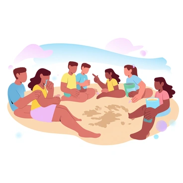 A child is sitting on a sandy beach, focused on creating colorful sand art with vibrant shades of red, blue, yellow, and green. The child is using a small sculpting tool to shape various patterns in the sand. Around the child, several friends are gathered, each wearing bright summer clothing, gazing at the artwork with admiration. One friend is pointing at a particularly intricate design, while another holds a colorful bucket filled with more sand. In the background, gentle waves lap at the shore, creating a serene beach atmosphere.