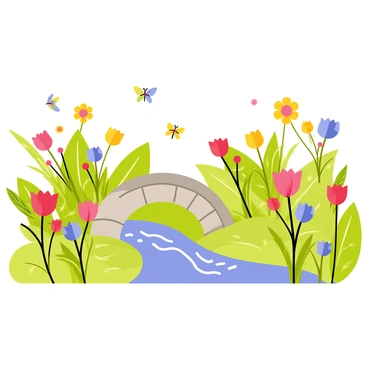 A lush garden filled with a variety of flowers in vibrant shades of red, yellow, blue, and pink. The garden features a gentle stream with clear water flowing smoothly through the greenery. Butterflies with colorful wings hover above the flowers, while green foliage frames the scene. A small stone bridge crosses the stream, adding charm to the landscape.