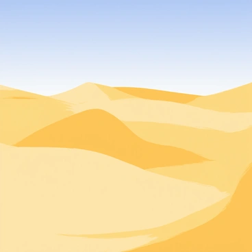 A vast desert featuring rolling golden dunes shaped by the wind. The dunes have varying heights and curves, creating a sense of depth and movement. Above, the sky is clear and bright blue, with no clouds in sight. The sunlight casts soft shadows on the sandy surface, emphasizing the texture of the dunes.