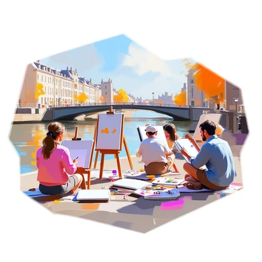 A group of illustrators positioned along the banks of the River Liffey in Dublin, each focused on their sketchbooks. The scene includes a mix of individuals with different appearances and styles, some with light skin and others with darker skin. They are capturing the iconic architecture of Dublin, including historic buildings and bridges, with the shimmering water of the river reflecting the surroundings. Each illustrator has tools such as pencils and watercolors scattered around them, and there are small easels set up as they work diligently. The atmosphere is lively as they share ideas and techniques, surrounded by the vibrant urban landscape.