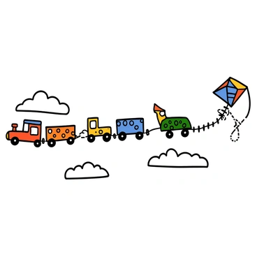 A long train made of kites, each kite shaped like a different car and displaying a vibrant color such as red, blue, green, yellow, and orange. The kites are soaring high in the sky, attached by thin strings that connect them like a train. Each kite has unique patterns, like stripes and polka dots, creating a lively and whimsical scene. In the background, there are a few fluffy white clouds and a bright blue sky, enhancing the colorful display of the kites.