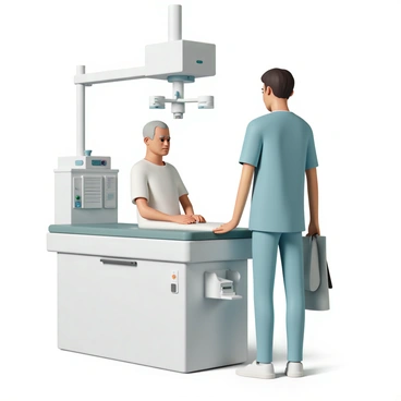 A radiology technician, wearing a light blue scrub top and matching pants, is standing next to a patient who is seated on an examination table. The technician is holding a lead apron, prepared to assist the patient. The patient, a middle-aged man wearing a hospital gown, looks slightly anxious as he sits with his hands resting on his knees. The X-ray machine is positioned above the patient, with various controls and indicators clearly visible. The room is well-lit, with medical equipment and charts lining the walls.
