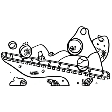 Microtubules depicted as long, linear railway tracks extending across a cellular landscape. Small, detailed organelles, such as mitochondria and vesicles, are positioned on the tracks, appearing to move along them. Each organelle exhibits distinct shapes and structures, contrasting with the straight lines of the microtubules. The background features various cell structures, adding depth to the scene. The entire image is rendered in black and white.