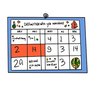 A wall-mounted calendar with large numbers and colorful illustrations. The date marked prominently is highlighted in bright red to indicate an important assignment deadline. There are notes and reminders written in neat handwriting surrounding the date. The calendar has a cheerful design, featuring images of various seasons and a small motivational quote at the top. The wall is painted a light color, adding contrast to the vibrant calendar.