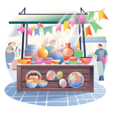 A market stall is filled with vibrant painted ceramics of various shapes and sizes. There are bowls, vases, and plates, all displaying intricate patterns of bright colors like red, blue, and yellow. The stall is made of rustic wooden materials, and it is situated on a cobblestone path. Sunlight illuminates the ceramics, highlighting their glossy finishes. Colorful banners are hanging above the stall, fluttering gently in the breeze. In the background, shoppers can be seen browsing other stalls, creating a lively atmosphere.