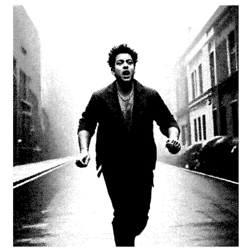 A person is running down a street enveloped in thick fog. Their facial expression shows fear, with wide eyes and slightly parted lips. They are glancing over their shoulder, as if sensing something behind them. The street is lined with indistinct shapes of buildings obscured by the fog, enhancing the atmosphere of tension. The ground is wet, reflecting faint outlines of the surroundings in the mist. The person's clothing is disheveled, indicating a hurried escape.