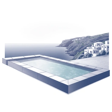 An infinity pool situated on a cliff's edge. The pool has a seamless edge that creates the illusion of merging with the Aegean Sea below. Surrounding the pool, there are smooth stone tiles that lead to a picturesque view of the ocean. In the background, a rugged coastline with sparse greenery and whitewashed buildings can be seen, characteristic of a Greek island. The sky above is clear, allowing sunlight to glimmer on the water's surface.