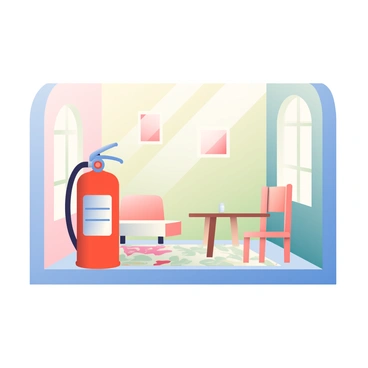 A miniature red fire extinguisher is placed prominently on a shelf inside a dollhouse. The fire extinguisher has a silver nozzle and a small black label with white text. The surrounding environment features delicate dollhouse furniture, including a tiny wooden table and a patterned rug beneath it. Soft pastel-colored walls can be seen in the background, adorned with small framed pictures. Sunlight streams in through a tiny window, casting soft shadows across the scene, enhancing the charming dollhouse atmosphere.