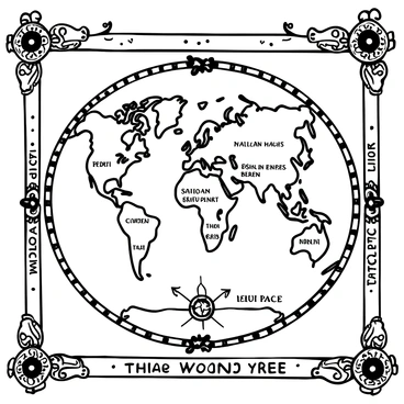 An old world map displayed in an engraving style, featuring intricate, ornate borders around the edges. The map showcases various land masses and oceans, with labeled regions in elegant script. Decorative elements, such as compass roses and mythical creatures, are scattered throughout the design. The overall texture appears aged, with lines and details emphasizing the historical significance of the map.