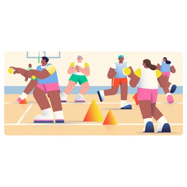 A group of six players with varying skin tones is engaged in dodgeball drills on a polished wooden gym floor. Each player is wearing a colored athletic uniform, including red, blue, and yellow shorts and matching t-shirts. The players are positioned around a series of bright orange cones placed strategically on the floor. One player, with short black hair, is demonstrating a throwing technique, while another player, with long brown hair in a ponytail, is preparing to catch a ball. In the background, other players are in motion, either running or dodging, with expressions of focus and determination on their faces. The gym is well-lit, highlighting the vibrant colors of their uniforms and the cones.