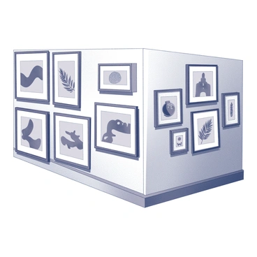 A gallery wall displaying colorful vector illustrations in various styles