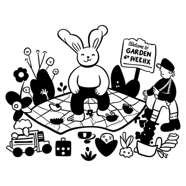 The Velveteen Rabbit at a garden party surrounded by other lively toys