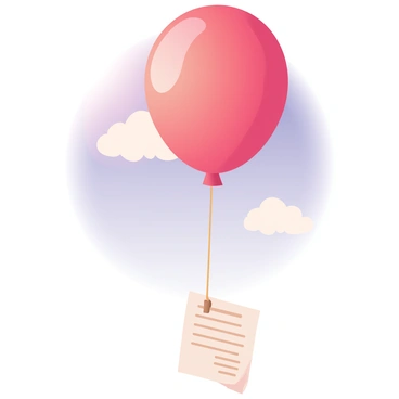 A digital flat illustration featuring a colorful balloon floating in a clear blue sky. The balloon is red with a glossy finish and has a long string attached to it. Dangling from the string is a white contract, slightly unrolled, with visible text lines and a signature line at the bottom. The balloon is gently drifting upward, with a few fluffy white clouds scattered softly in the background. The sunlight is filtering through, creating a warm glow around the balloon.