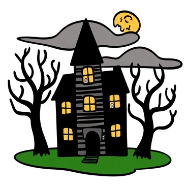 A tall, old mansion with dark, weathered wooden walls and a steeply pitched roof stands ominously against a cloudy sky. The windows of the mansion glow softly with eerie lighting, hinting at a spectral presence within. Ghostly apparitions can be seen faintly in each window, their translucent forms drifting past the panes. Surrounding the mansion, tall, twisted trees cast long shadows on the ground, creating a haunting atmosphere. The moonlight filters through the clouds, illuminating the scene with an unsettling glow.