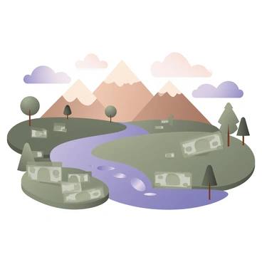 A digital flat illustration depicting a landscape made entirely of various currency notes. The foreground features grass-like formations created from green banknotes, while the background showcases mountains formed from layered brown and tan notes. A river flows through the scene, represented by shimmering blue and silver notes. In the sky, fluffy clouds are illustrated using white and light gray banknotes. Scattered throughout the landscape, small trees are designed from different shades of green currency notes. The overall composition blends the various notes seamlessly to create a cohesive and vibrant environment.