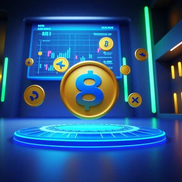 Floating crypto coins with various cryptocurrency logos in a futuristic setting