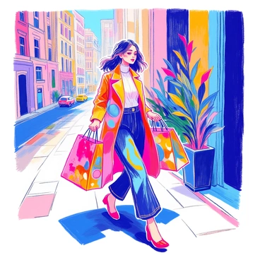 A shopping bag with geometric shapes, featuring a variety of cubist patterns in vibrant colors, is being held by a stylish shopper. The shopper is wearing a fashionable outfit that includes a fitted blazer and wide-legged trousers. They have shoulder-length hair styled elegantly and are walking confidently down a city street. Surrounding them are tall buildings and some greenery, adding to the urban atmosphere. The sunlight casts soft shadows, enhancing the colors and details of the scene.