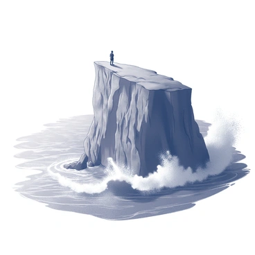 Dramatic cliffs with waves crashing below and a solitary figure standing at the edge