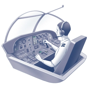 A pilot seated in an airplane cockpit, focused on the various controls and instruments in front of them. The cockpit features numerous dials, gauges, and levers, each meticulously arranged for operational efficiency. The pilot, wearing a headset, has one hand on the control yoke while the other hand is adjusting a nearby switch. A large windshield offers a view of the sky outside, hinting at the aircraft's altitude and speed. The overall atmosphere conveys a sense of concentration and professionalism in the world of aviation.