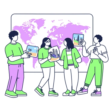 A diverse group of people is gathered in a bright, open space, happily exchanging postcards. There are four individuals: a man with curly hair from South America is holding a colorful postcard featuring a beach scene. A woman with long, straight hair from Asia is smiling as she receives a postcard depicting a city skyline. Next to her, a person with short hair and glasses from Europe is enthusiastically showing a postcard of famous landmarks. Finally, a person with braided hair from Africa is holding a postcard with wildlife imagery. Each person is dressed in casual clothing, and the atmosphere is filled with joy and excitement. The background features a large map of the world, highlighting various countries where the postcards are from.