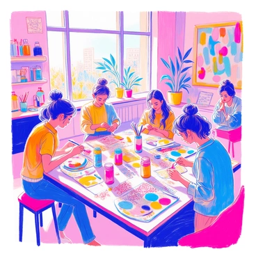 A vibrant craft workshop is taking place in a spacious room filled with natural light. Participants of diverse backgrounds are engaged in various art projects, using colorful materials spread across large tables. One participant is painting on a canvas, surrounded by paintbrushes, palettes, and jars of paint in bright hues. Another is crafting a collage with magazine cutouts, scissors, and glue. A third participant is working with beads and string, creating intricate jewelry. The walls are adorned with finished artworks celebrating different expressions of gender identity. Various tools and craft supplies are organized on shelves, and ribbons of fabric hang down, adding to the creative atmosphere.
