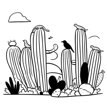 A variety of desert animals including multiple lizards and different species of birds are interacting with several types of cacti in their natural habitat. The lizards are depicted climbing on the textured surfaces of tall cacti, while some birds are perched on the prickly arms of the cacti. The ground is scattered with smaller cacti and desert plants, creating a rich landscape. In the background, there are distant sand dunes under a clear sky.