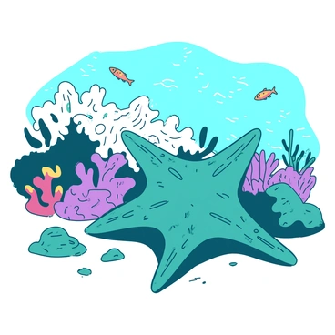 A teal crown-of-thorns starfish is slowly moving towards a vibrant white coral reef. The starfish has multiple spiny rays, showcasing intricate textures and patterns across its surface. Surrounding the coral reef are clusters of small, colorful fish swimming among the coral formations. The reef is abundant with various shapes and sizes of corals, creating a lively underwater scene. Sunlight filters down from the surface, illuminating the starfish and the corals, enhancing the vivid colors of the marine environment.