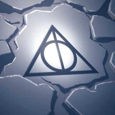 The symbol of the Deathly Hallows is intricately etched into a stone surface, showcasing its detailed triangular shape with a circle and a line at its center. The surrounding ground is rough and uneven, accentuating the craftsmanship of the etching. A faint, mystical light emerges from the symbol, casting subtle shadows around it. The scene conveys a sense of enchantment, as if the symbol holds powerful secrets within its design.